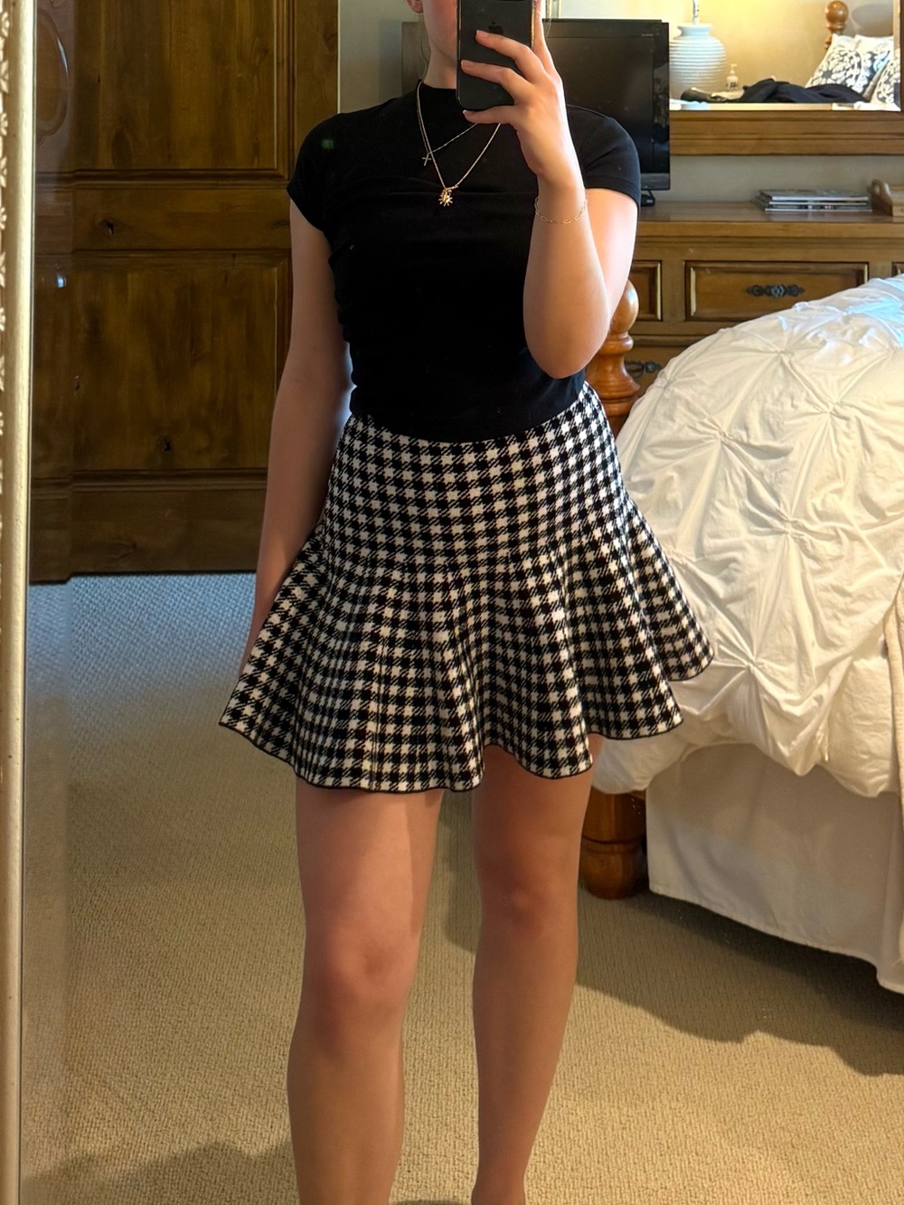 SANDRO Paris Black and White Gingham Skater Skirt